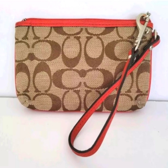 Coach Fabric Wristlet Canvas and Leather Khaki and Red 6"W x 4"H - Picture 2 of 7